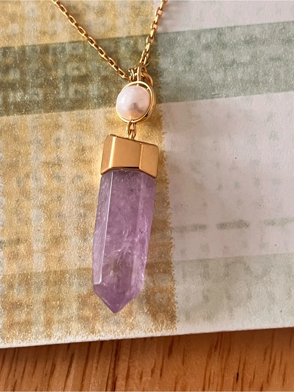 J Crew Raw Amethyst and Pearl Pendant Gold Tone Necklace